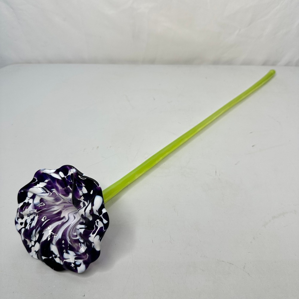 Hand Blown Art Glass Flower Purple White Black Marbled Petal Lime Green Stem 19"